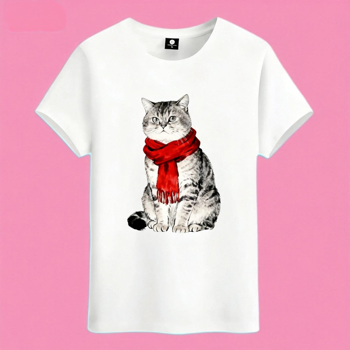 Sunny Brand scarf cat t-shirt, front view of tabby cat with red scarf printed on heavy cotton tee