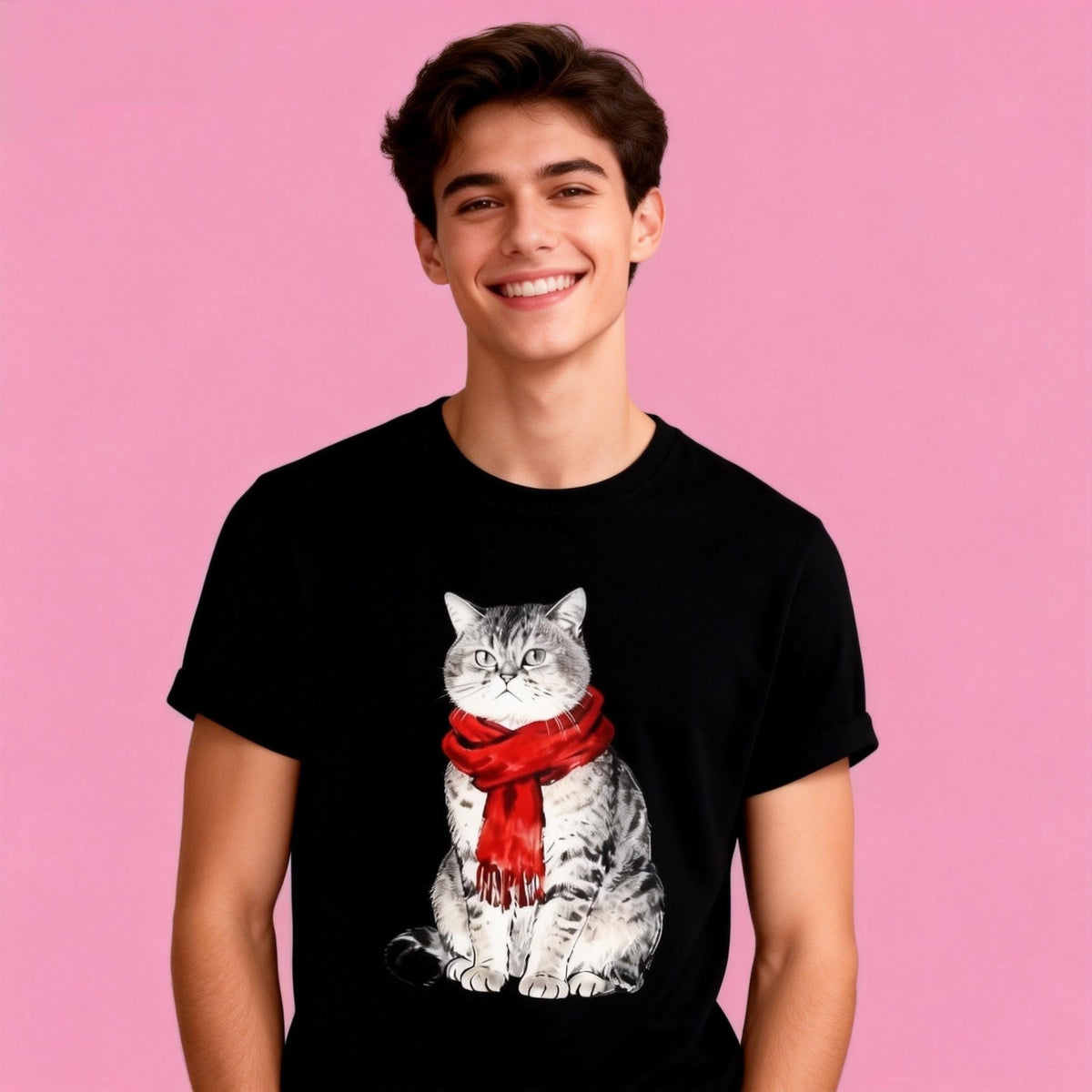 Man wearing Sunny Brand scarf cat t-shirt, unisex heavy cotton tee with cozy cat graphic