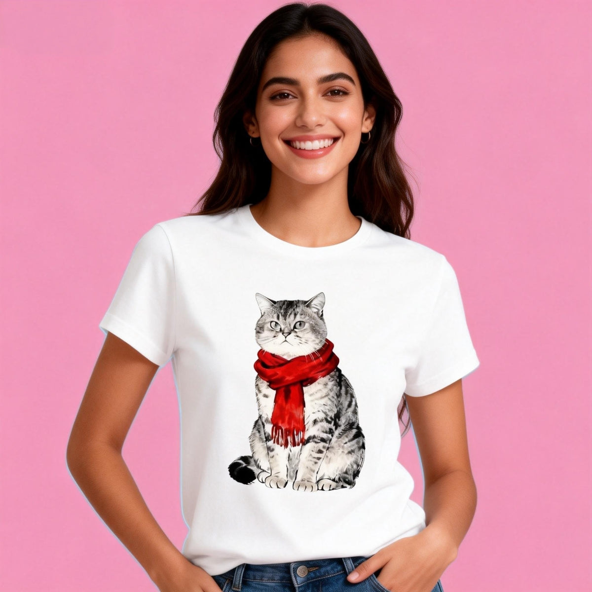 Woman wearing Sunny Brand scarf cat t-shirt, cozy winter outfit with red scarf cat graphic
