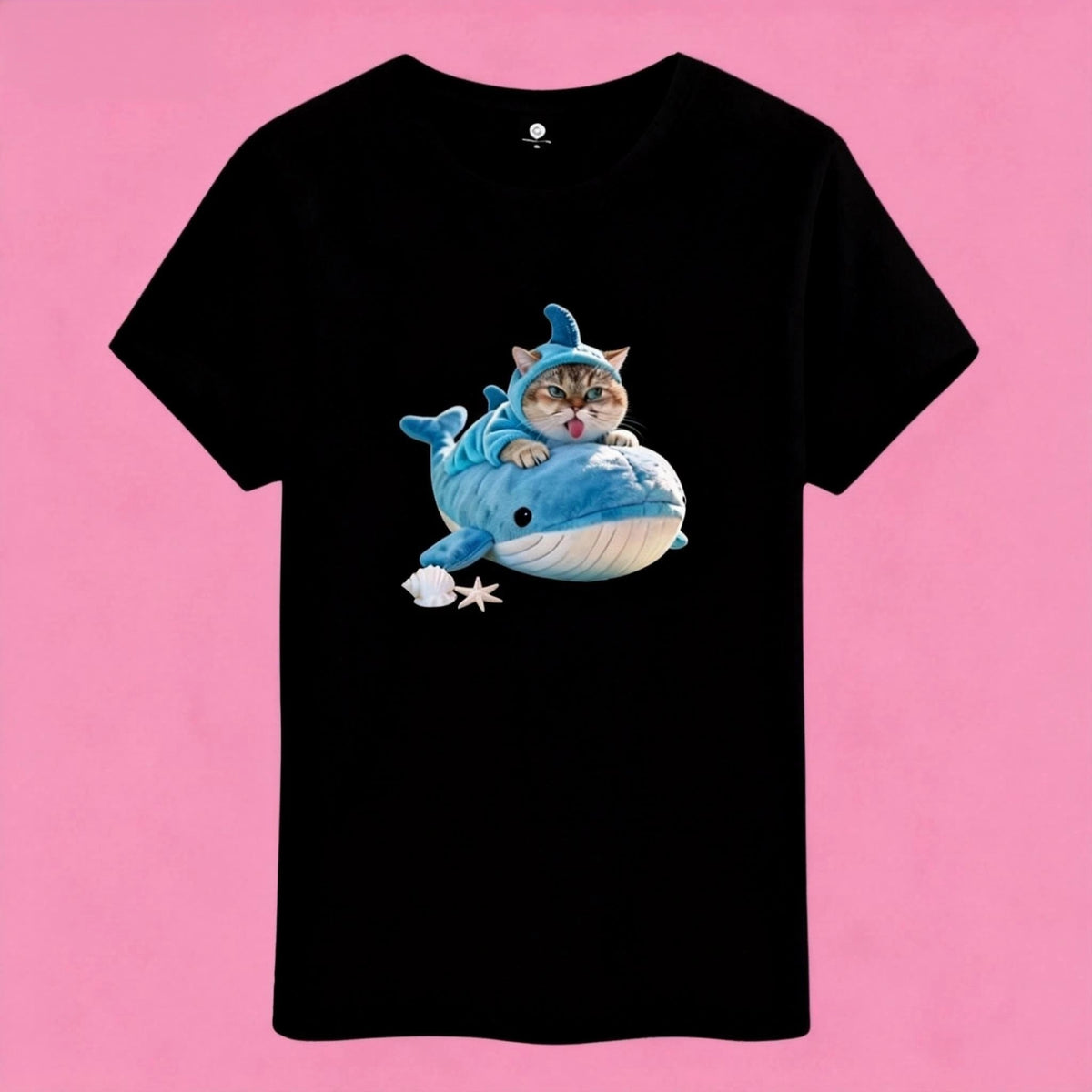 Sunny Brand t-shirt detail, close-up of creative shark cat graphic