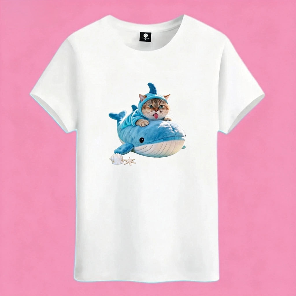 Sunny Brand shark cat t-shirt, front view of cute cat with shark fin printed on premium cotton tee