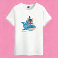 Sunny Brand shark cat t-shirt, front view of cute cat with shark fin printed on premium cotton tee
