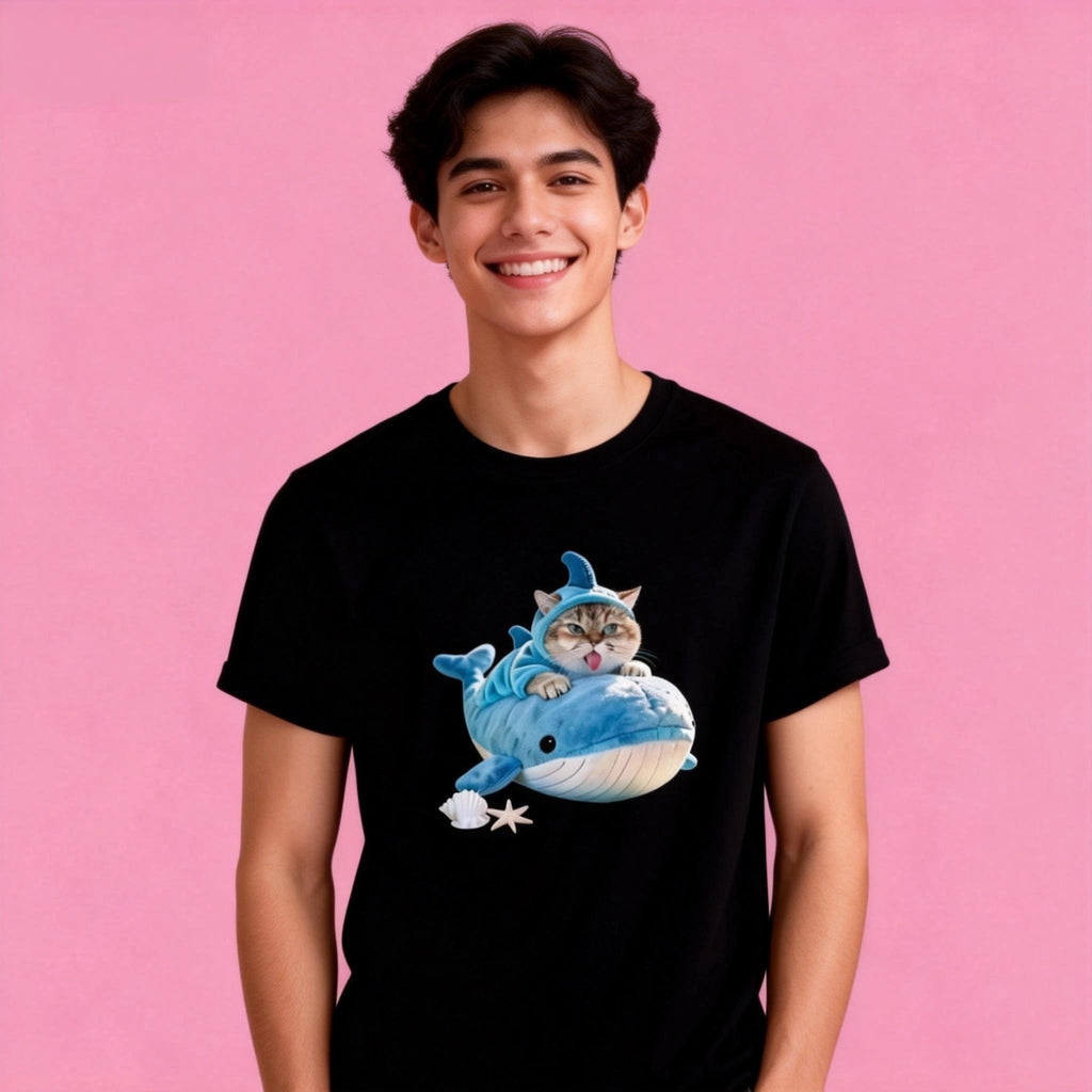 Man wearing Sunny Brand shark cat t-shirt, unisex premium cotton tee
