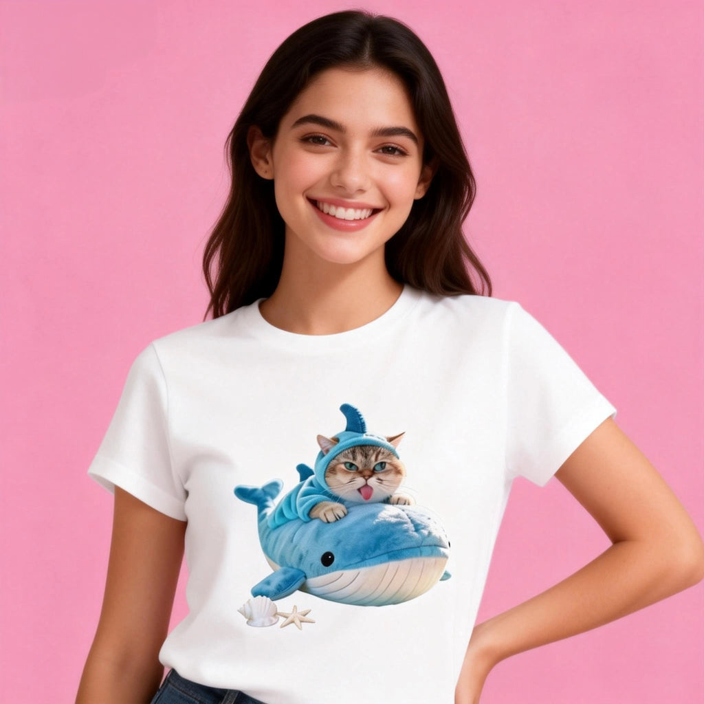 Woman wearing Sunny Brand shark cat t-shirt, cute casual ocean style tee