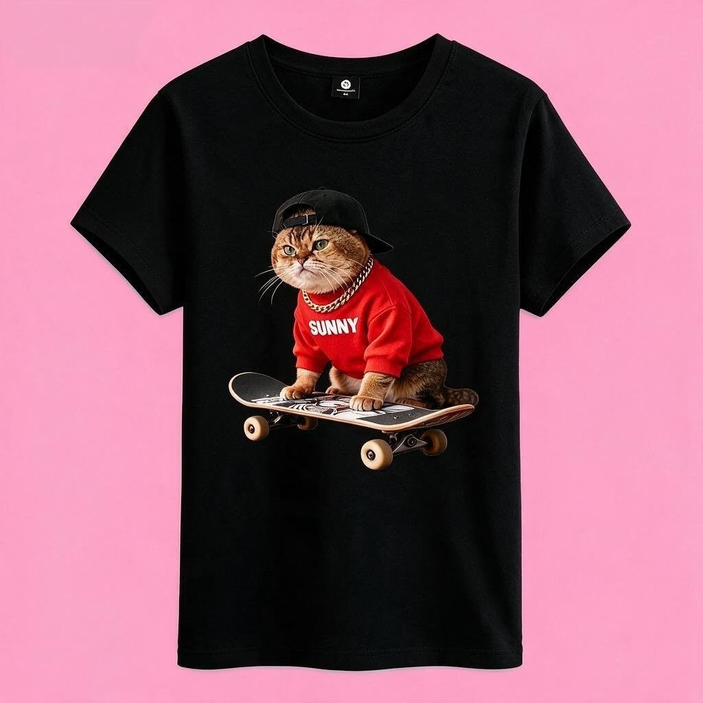 Sunny Brand t-shirt detail, close-up of trendy skate cat graphic