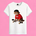 Sunny Brand skateboard cat t-shirt, front view of cool cat in red shirt riding skateboard printed on cotton tee