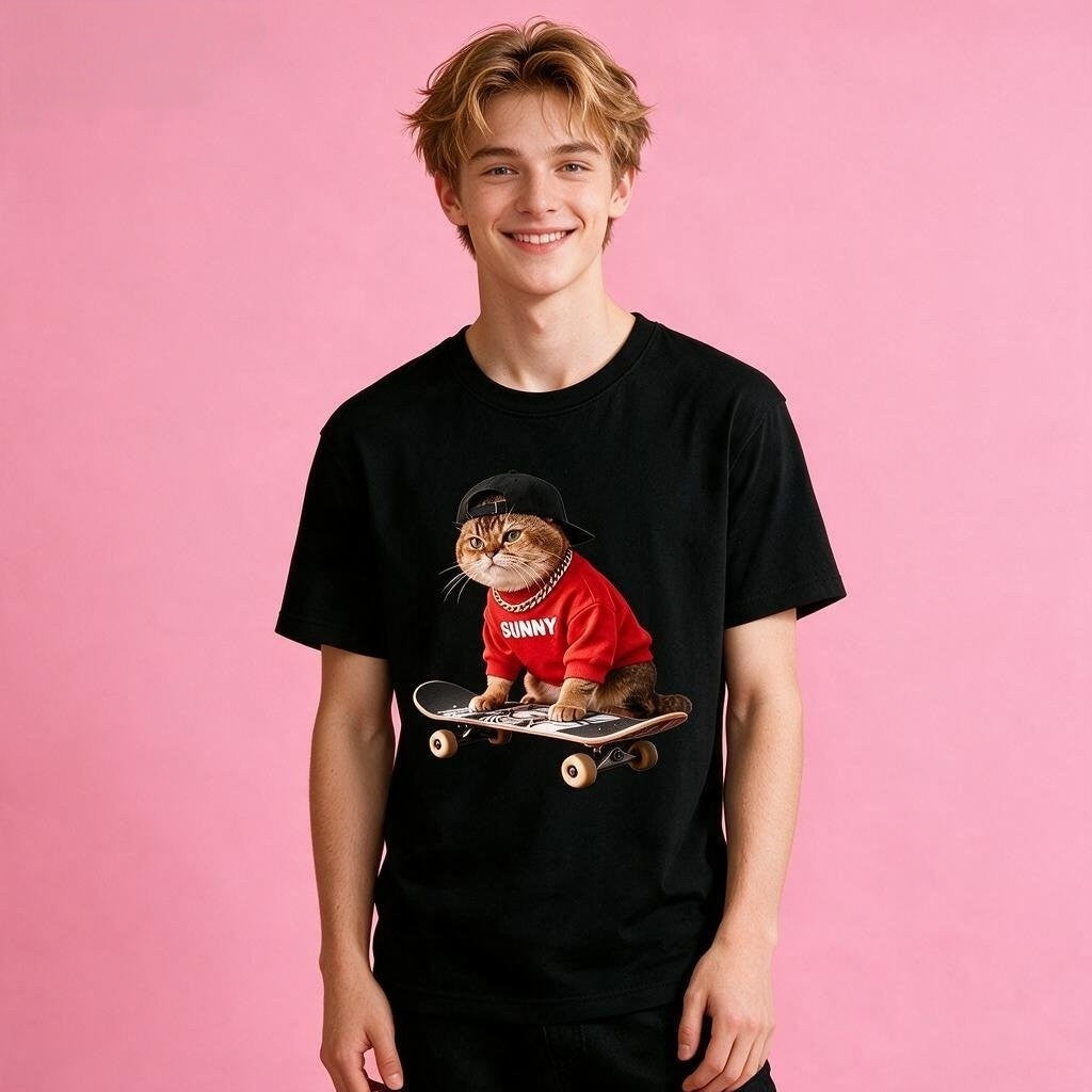 Man wearing Sunny Brand skateboard cat t-shirt, unisex premium cotton trendy tee