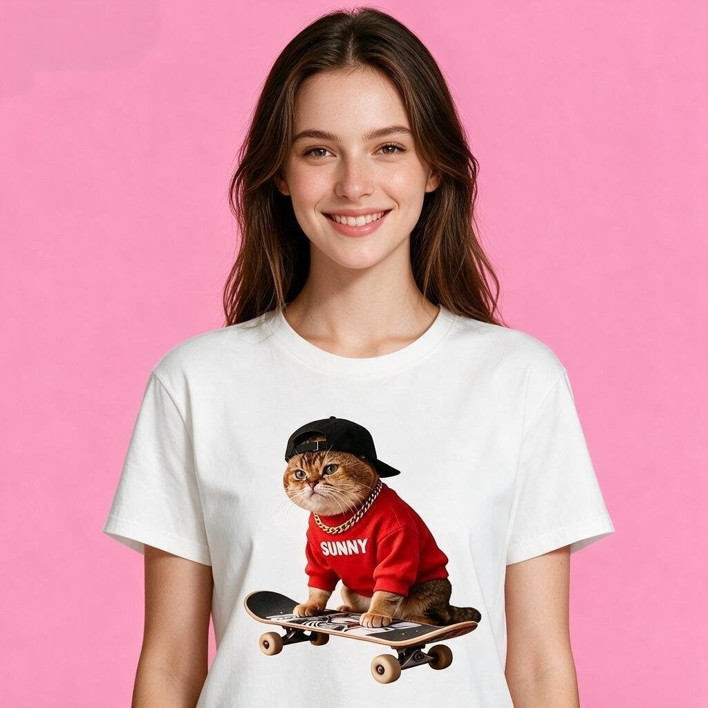 Woman wearing Sunny Brand skateboard cat t-shirt, cool street-style cat graphic casual wear