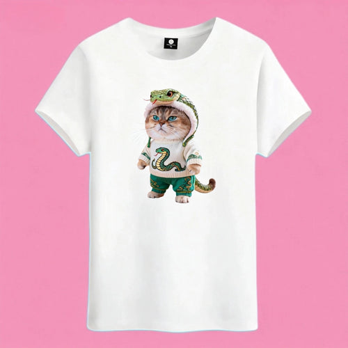 Sunny Brand snake cat t-shirt, front view of cat with snake hood printed on heavy cotton tee