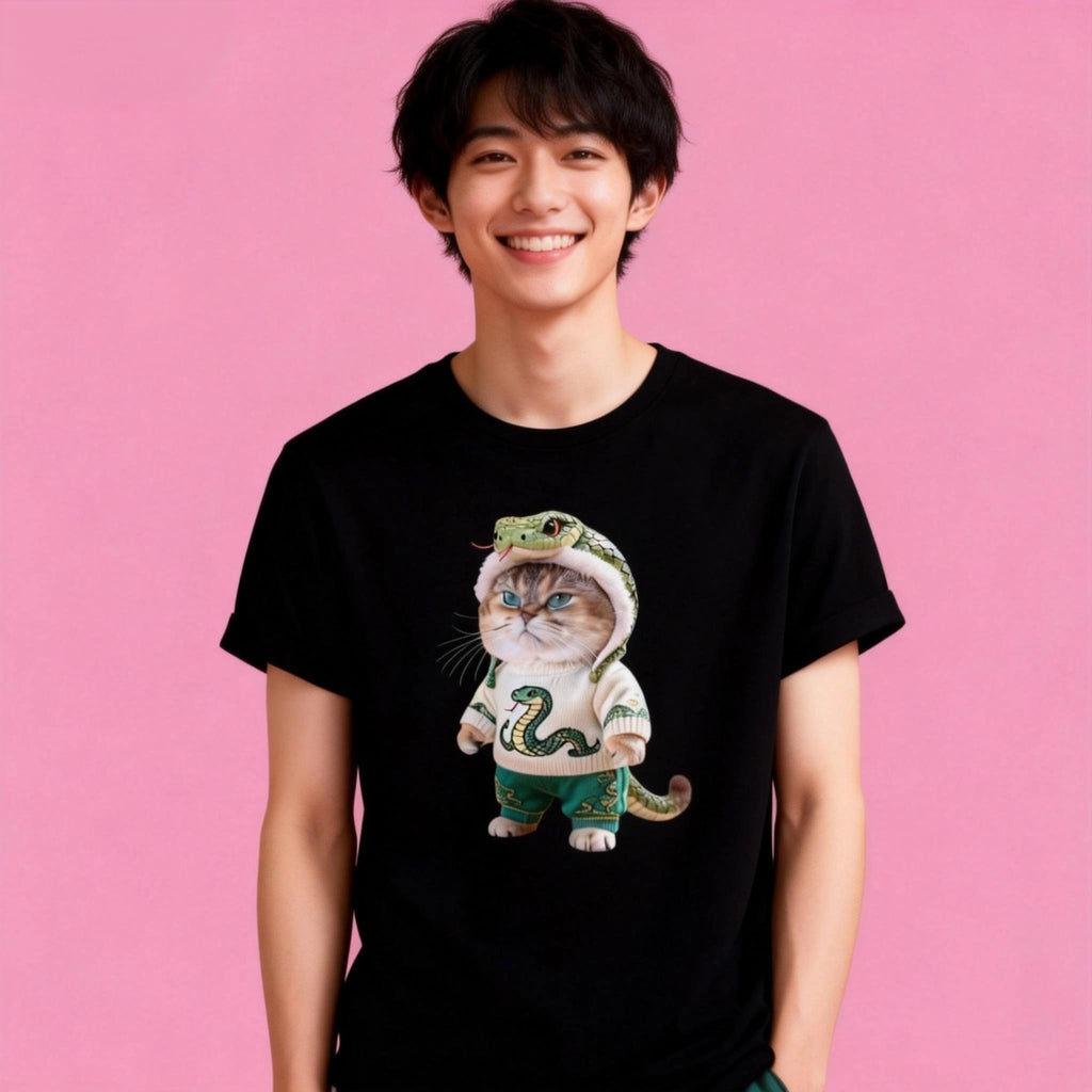 Man wearing Sunny Brand snake cat t-shirt, unisex heavy cotton tee with festive snake cat graphic