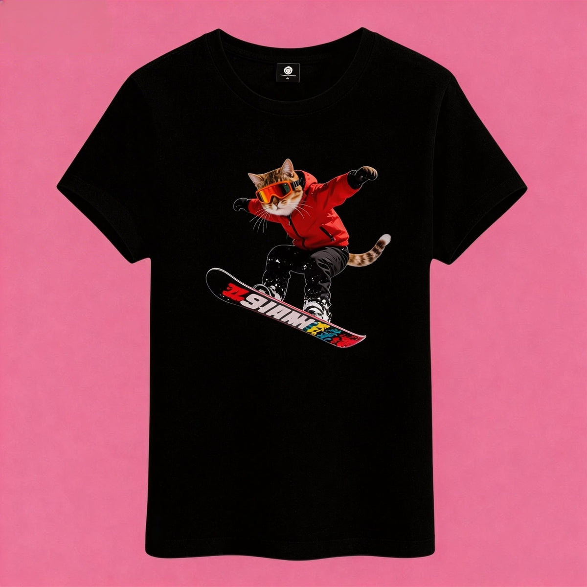 Sunny Brand t-shirt detail, close-up of dynamic snowboard cat graphic