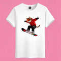 Sunny Brand snowboard cat t-shirt, front view of cool cat snowboarding printed on cotton tee