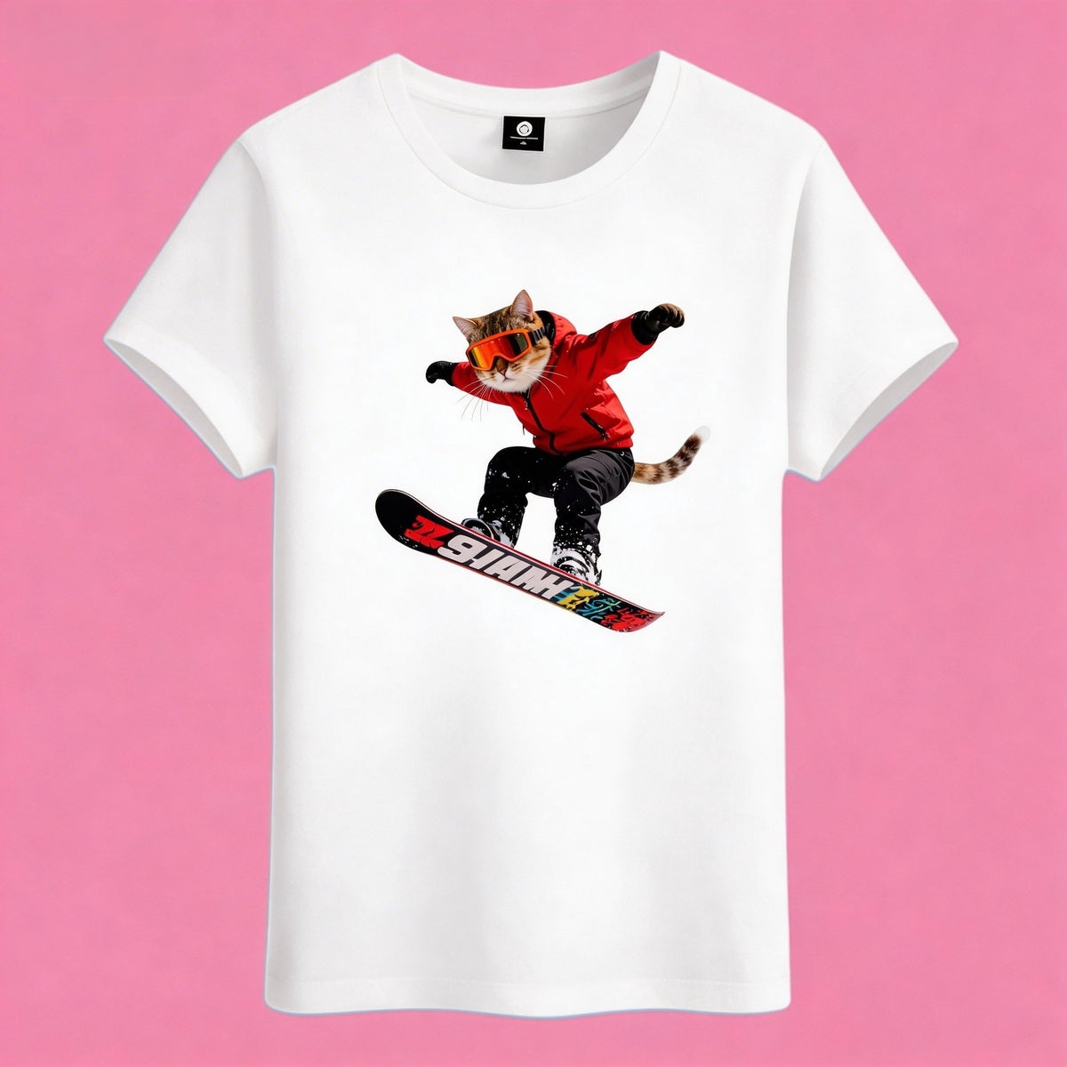 Sunny Brand snowboard cat t-shirt, front view of cool cat snowboarding printed on cotton tee
