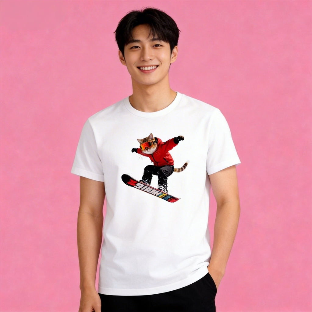 Man wearing Sunny Brand snowboard cat t-shirt, unisex premium cotton sporty tee