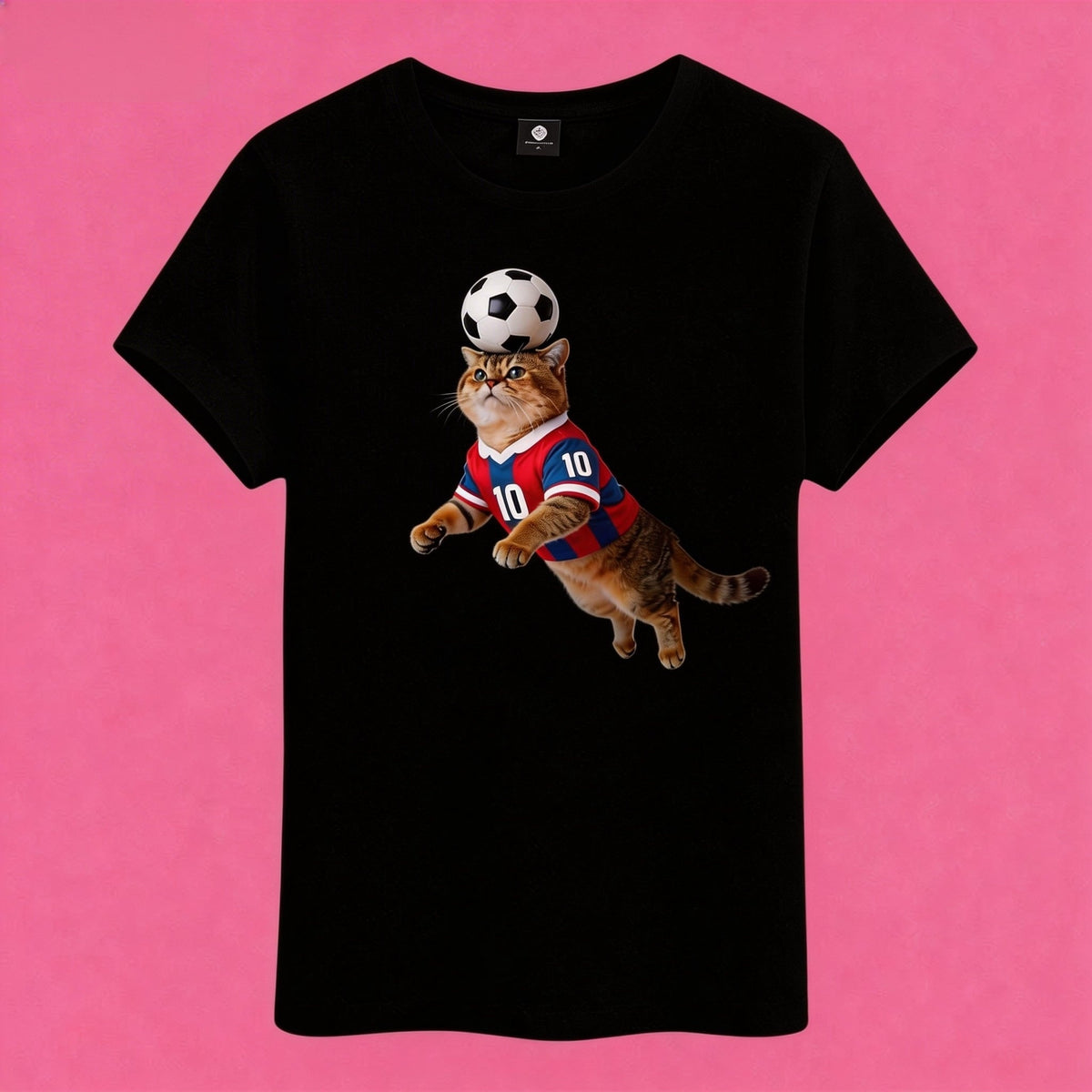 Sunny Brand t-shirt detail, close-up of dynamic soccer cat graphic