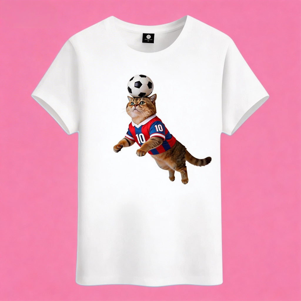 Sunny Brand soccer cat t-shirt, front view of cat in #10 jersey heading soccer ball printed on cotton tee