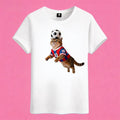 Sunny Brand soccer cat t-shirt, front view of cat in #10 jersey heading soccer ball printed on cotton tee