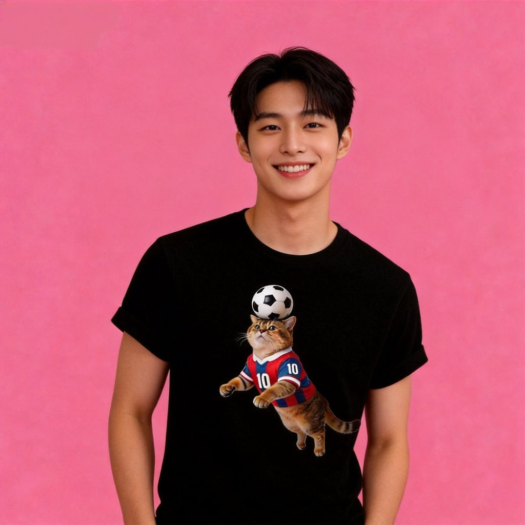 Man wearing Sunny Brand soccer cat t-shirt, unisex premium cotton sporty tee