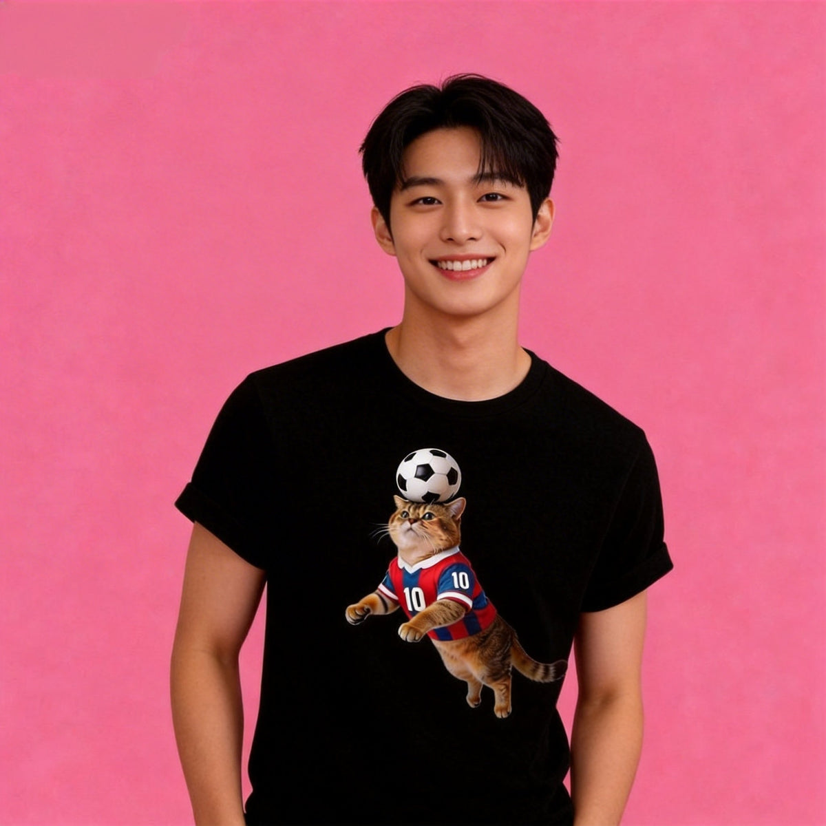 Man wearing Sunny Brand soccer cat t-shirt, unisex premium cotton sporty tee