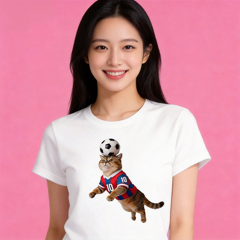 Woman wearing Sunny Brand soccer cat t-shirt, sporty soccer cat graphic casual wear