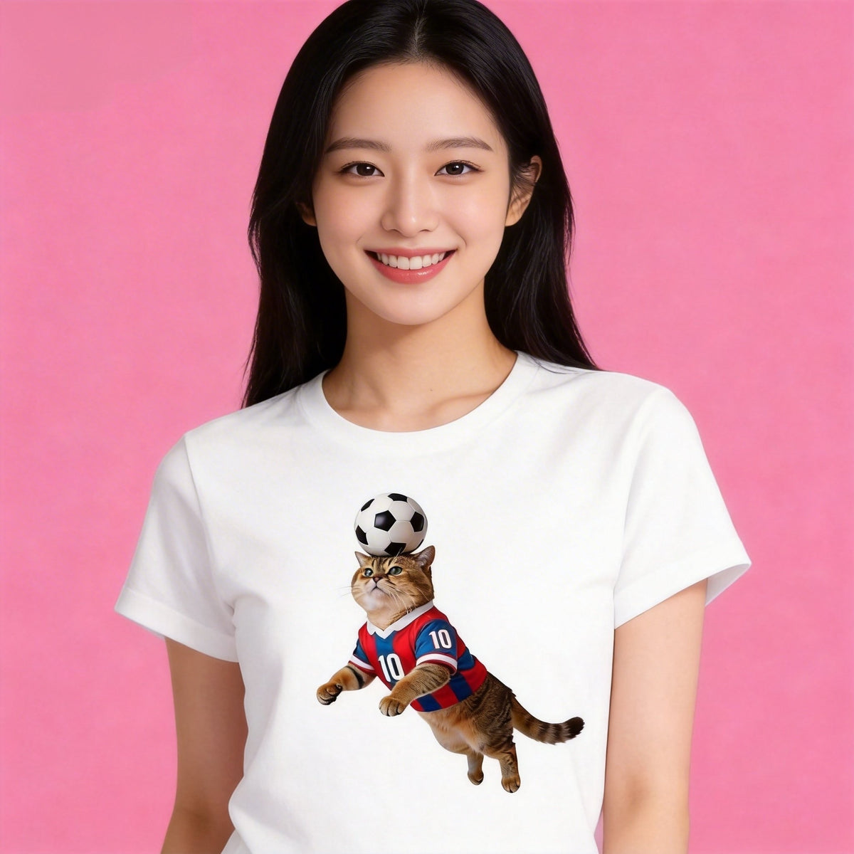 Woman wearing Sunny Brand soccer cat t-shirt, sporty soccer cat graphic casual wear