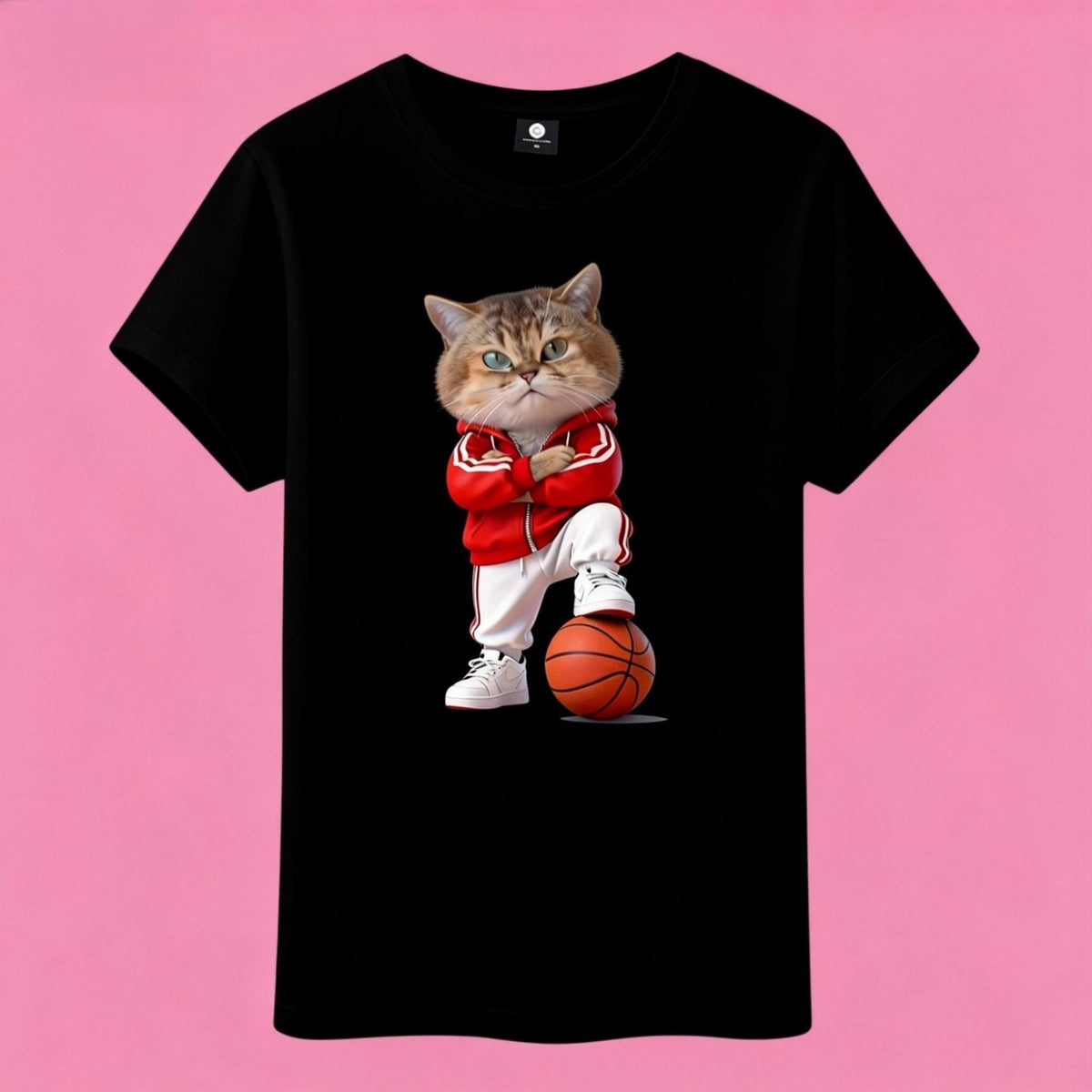 Sunny Brand t-shirt detail, high definition print of cool cat with basketball graphic