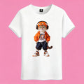 Sunny Brand streetwear cat t-shirt, front view of cat in hip-hop outfit printed on premium cotton tee