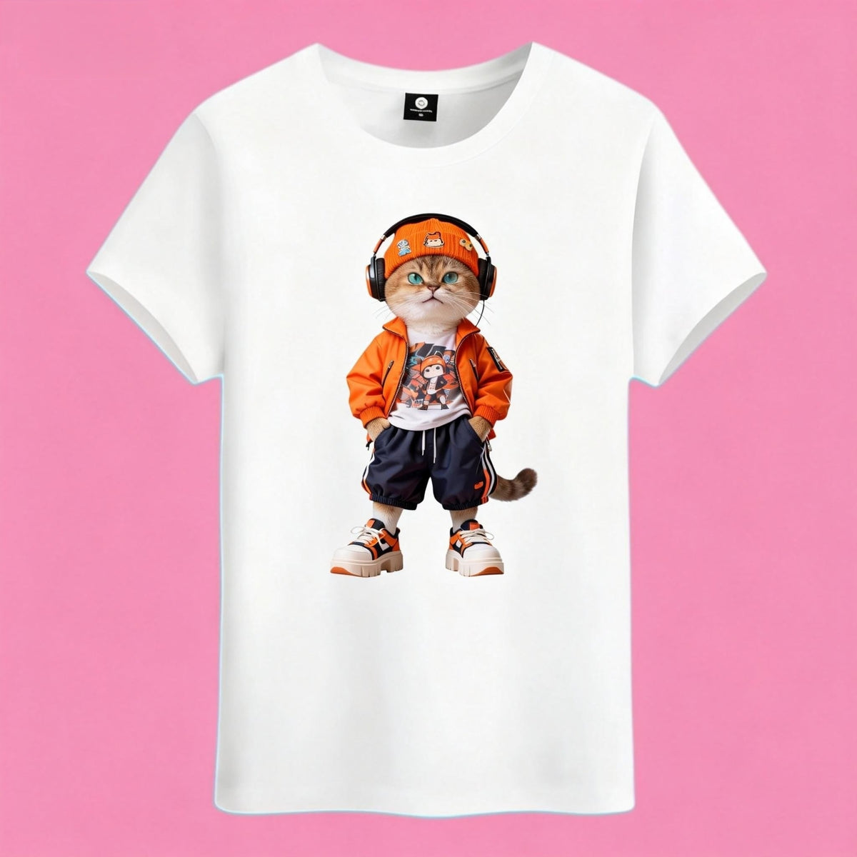 Sunny Brand streetwear cat t-shirt, front view of cat in hip-hop outfit printed on premium cotton tee