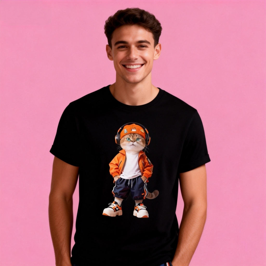 Man wearing Sunny Brand streetwear cat t-shirt, unisex premium cotton tee with bold hip-hop cat graphic