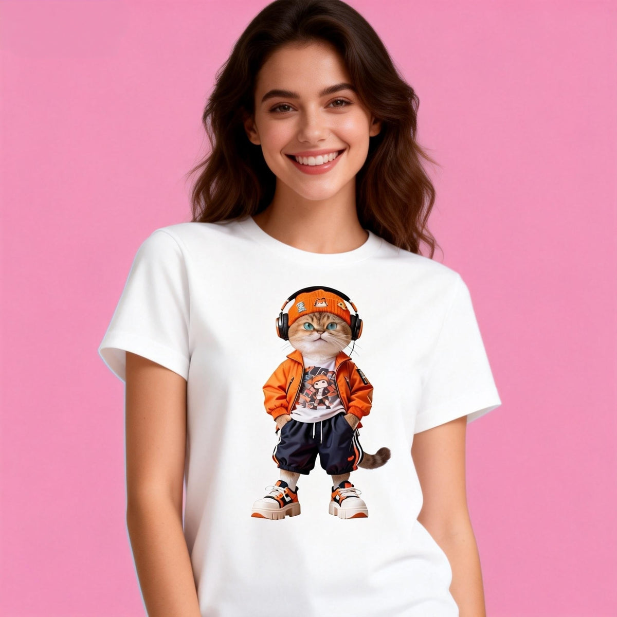 Woman wearing Sunny Brand streetwear cat t-shirt, bold outfit with hip-hop cat graphic