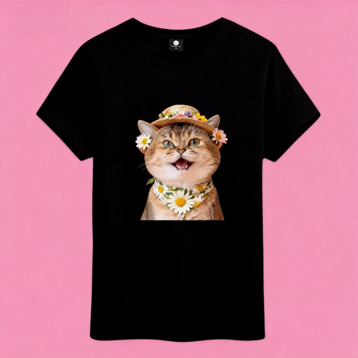 Sunny Brand t-shirt detail, close-up of cheerful floral cat graphic