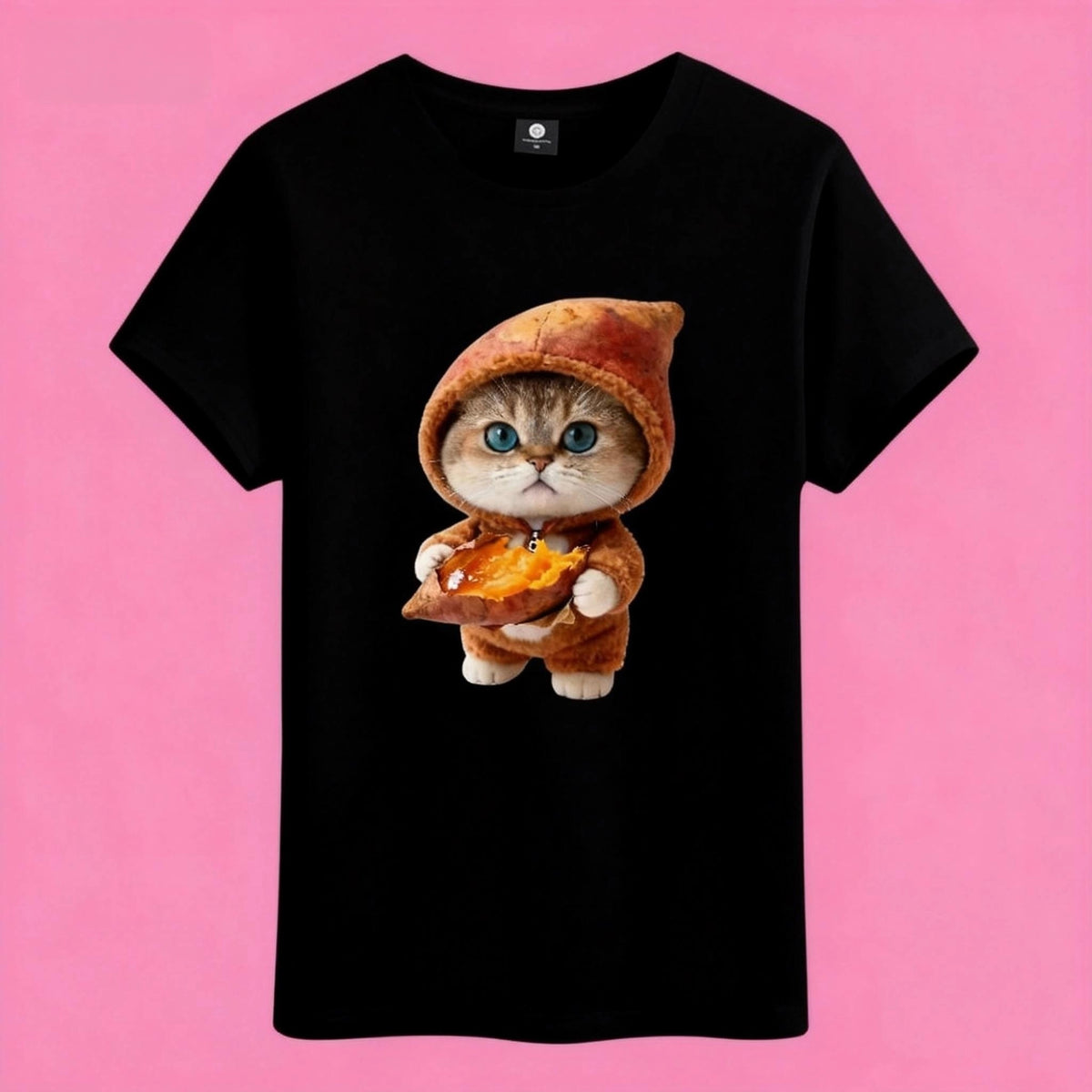 Sunny Brand t-shirt detail, close-up of lovely cat with roasted sweet potato graphic