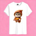 Sunny Brand sweet potato cat t-shirt, front view of cute cat in orange costume holding roasted sweet potato
