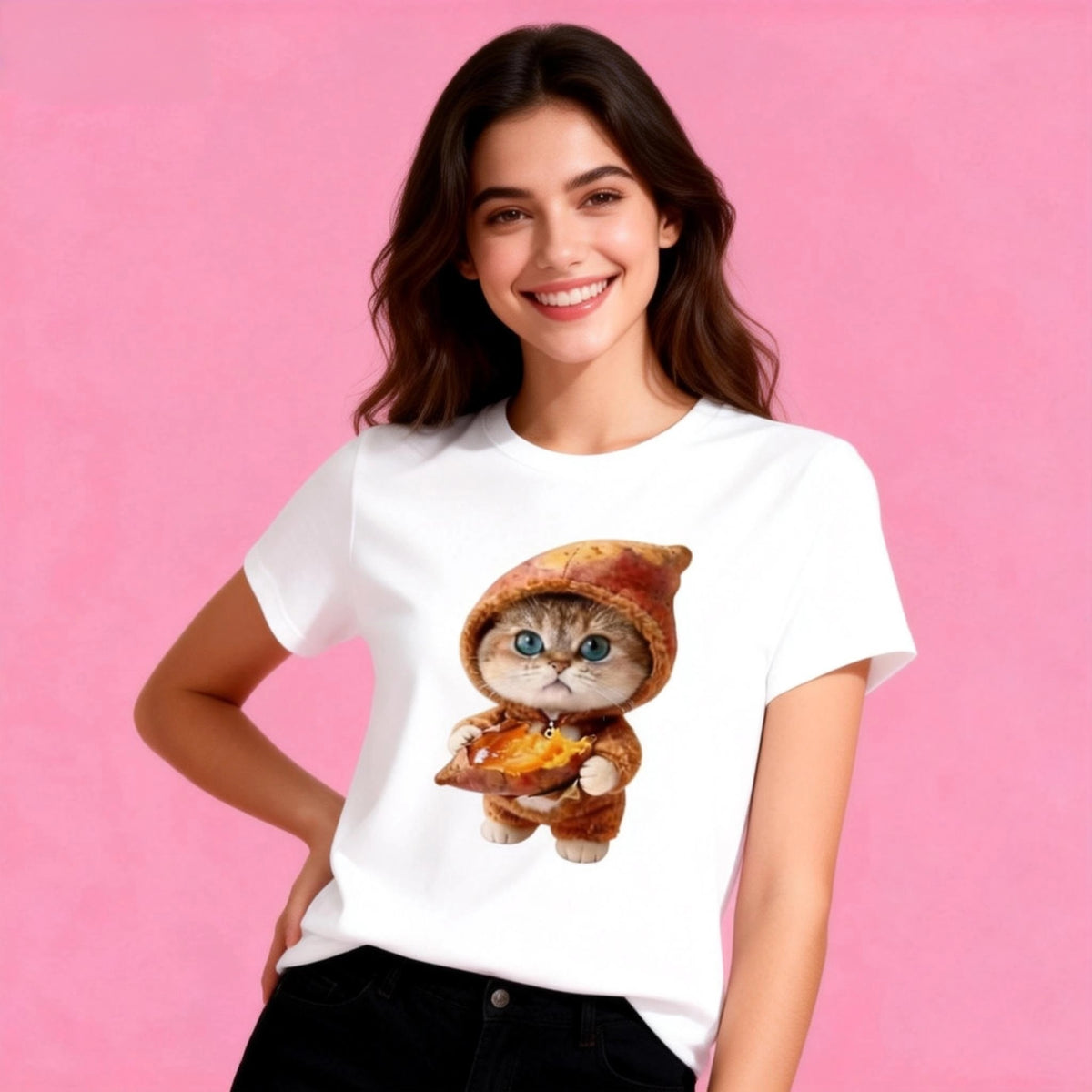 Woman wearing Sunny Brand sweet potato cat t-shirt, cute cozy cat graphic casual wear