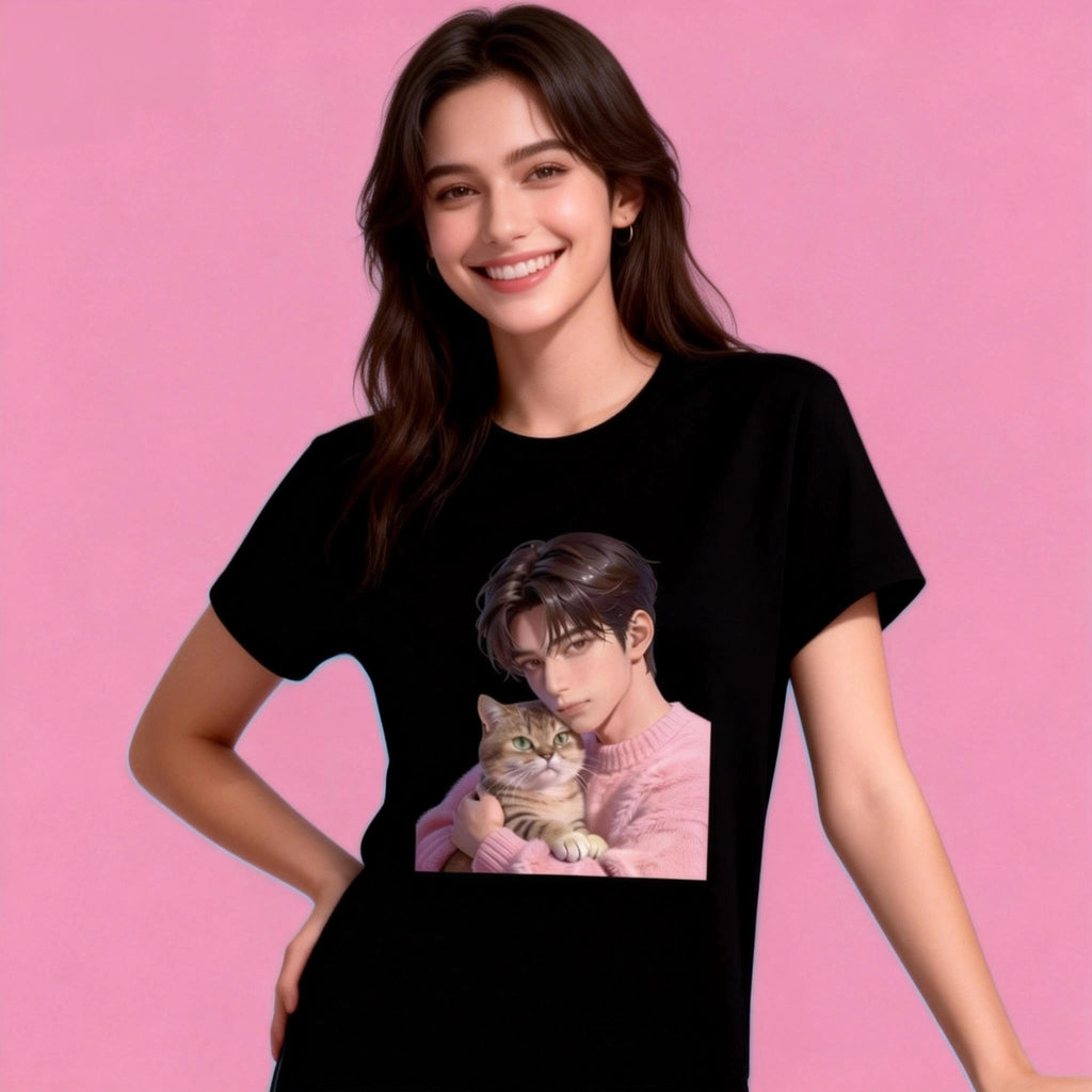 model in Sunny Brand anime cat tee, casual stylish cat graphic wear in black color