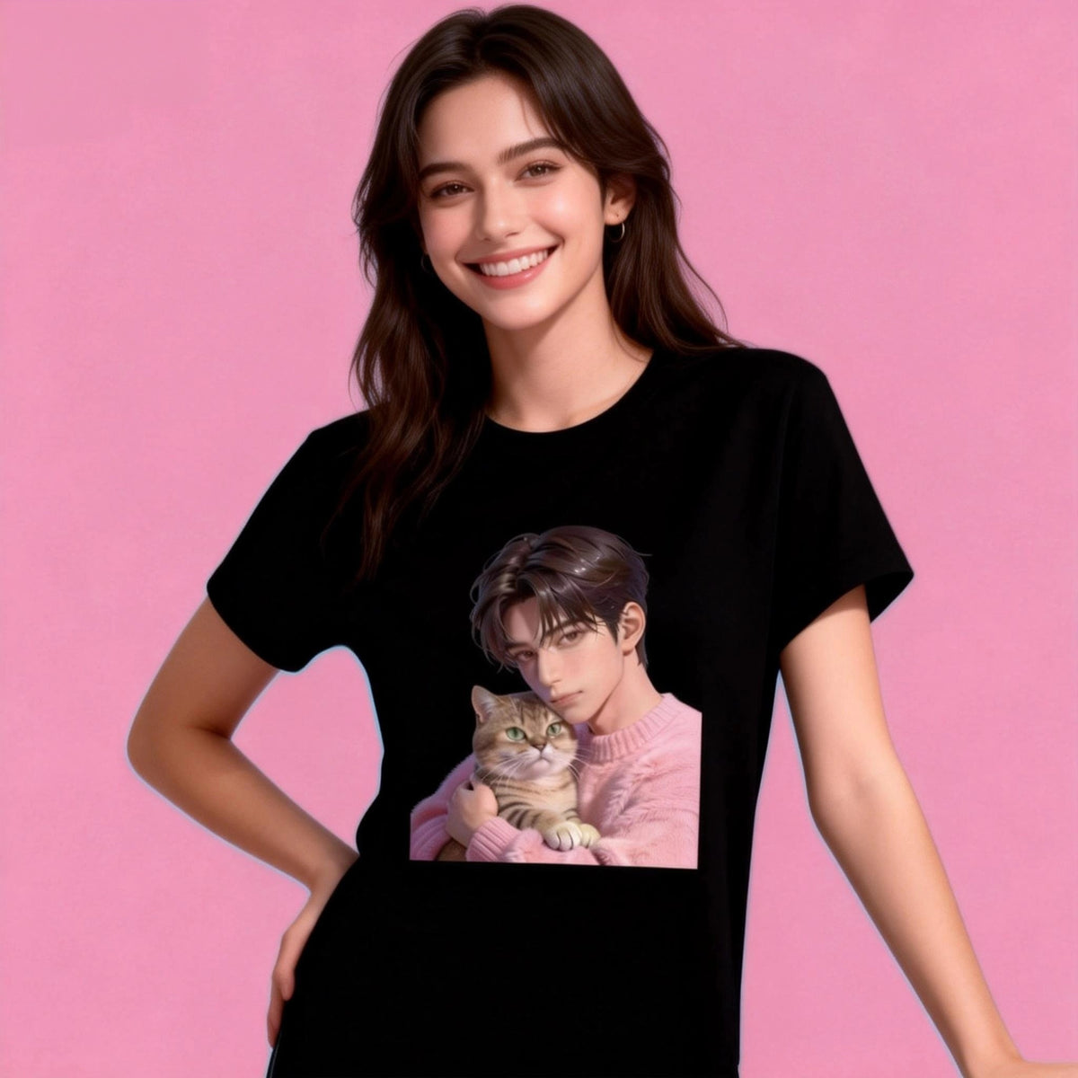 model in Sunny Brand anime cat tee, casual stylish cat graphic wear in black color