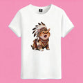 Sunny Brand tribal cat t-shirt, front view of cat with feather headdress printed on heavy cotton tee