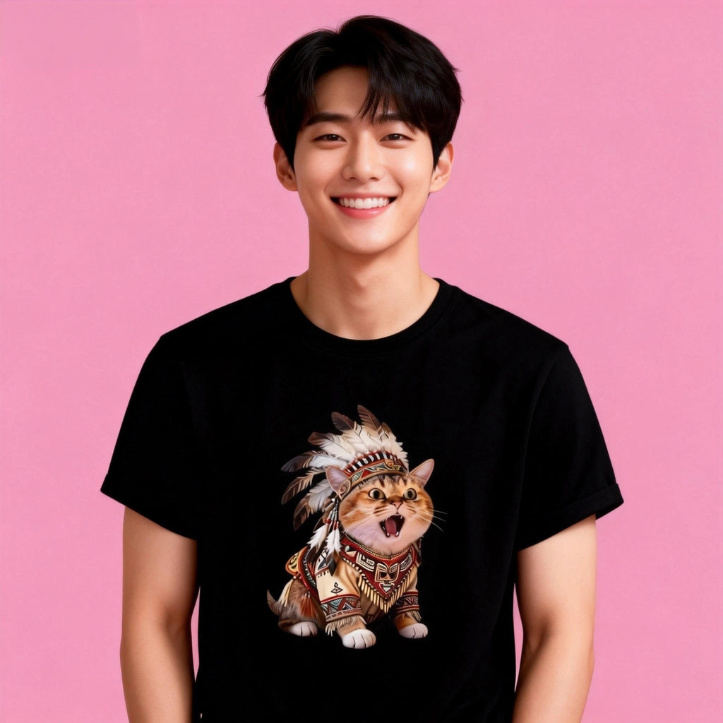 Man wearing Sunny Brand tribal cat t-shirt, unisex heavy cotton tee with bold cultural cat graphic