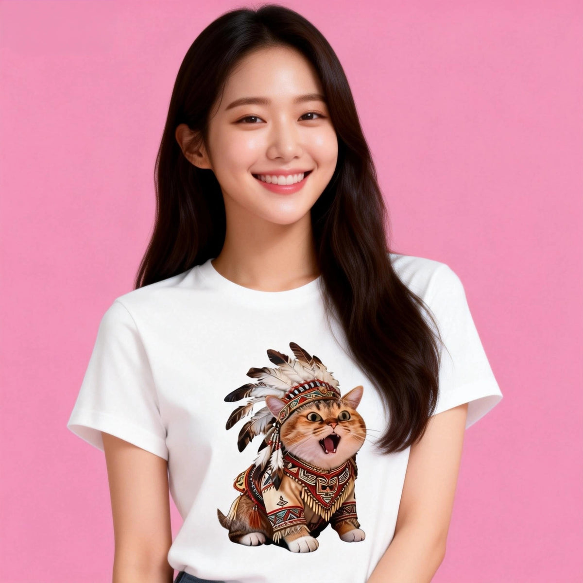 Woman wearing Sunny Brand tribal cat t-shirt, bold cultural outfit with feather headdress cat graphic
