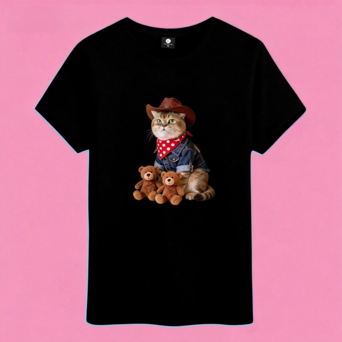 Sunny Brand t-shirt detail, print of playful cowboy cat graphic with two teddy bears