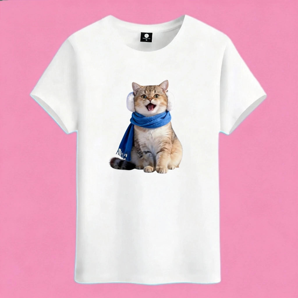 Sunny Brand winter cat t-shirt, front view of cat in blue scarf and earmuffs printed on premium cotton tee