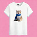Sunny Brand winter cat t-shirt, front view of cat in blue scarf and earmuffs printed on premium cotton tee