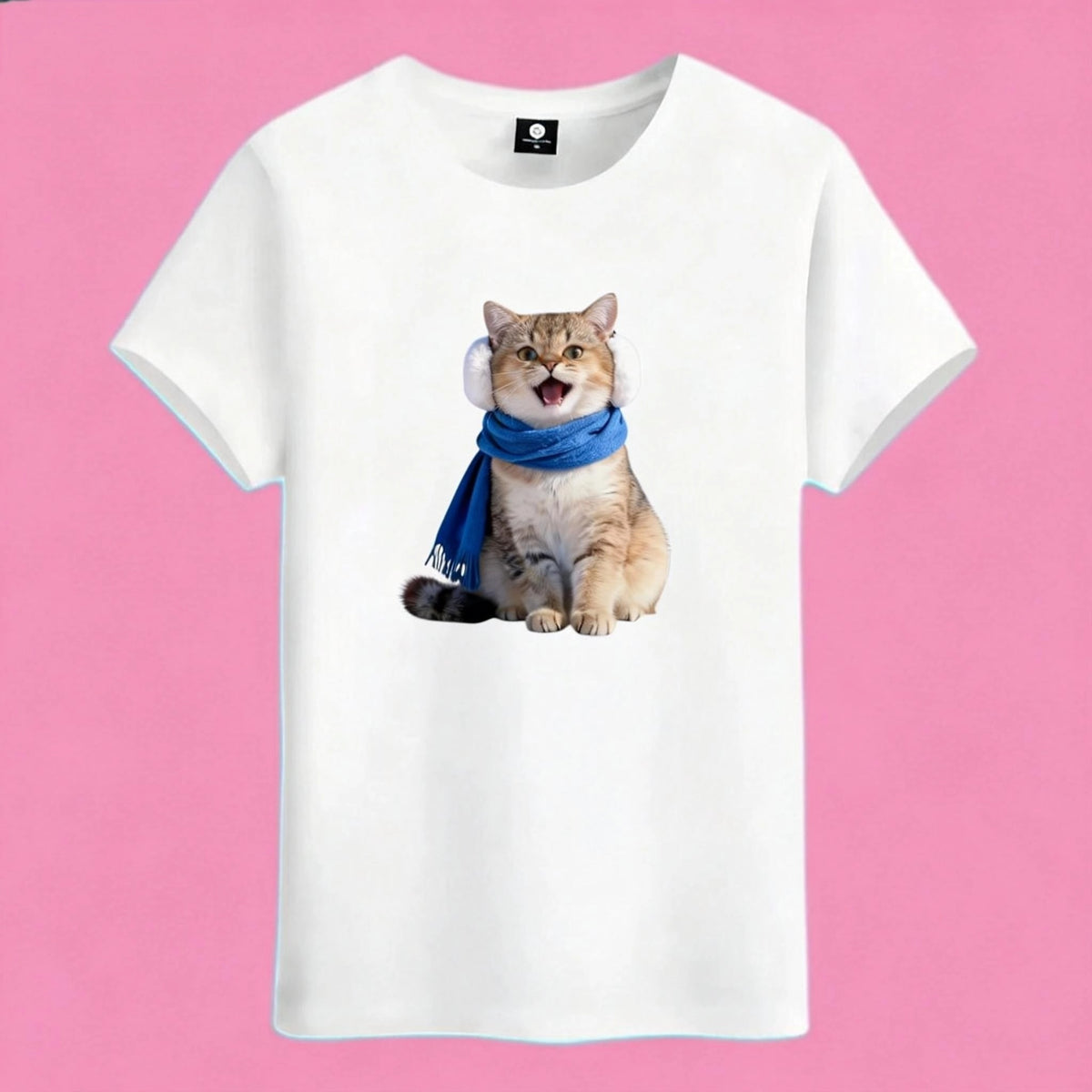 Sunny Brand winter cat t-shirt, front view of cat in blue scarf and earmuffs printed on premium cotton tee
