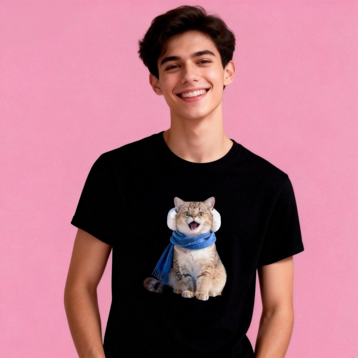 Man wearing Sunny Brand winter cat t-shirt, unisex premium cotton tee with cozy winter cat graphic
