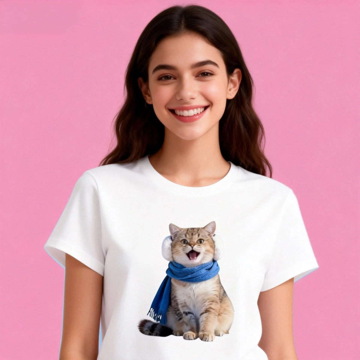 Woman wearing Sunny Brand winter cat t-shirt, cozy outfit with charming winter cat graphic