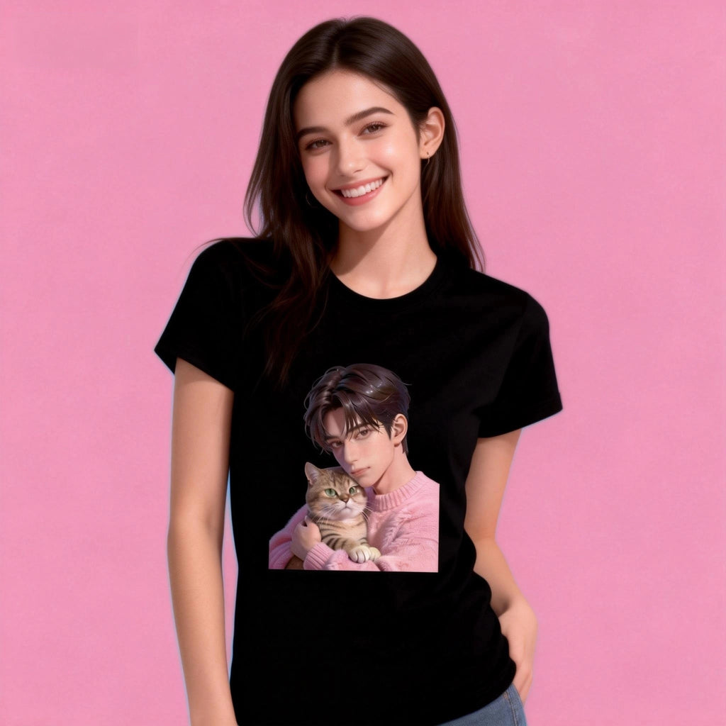 Female model in Sunny Brand anime cat tee, warm healing graphic t-shirt