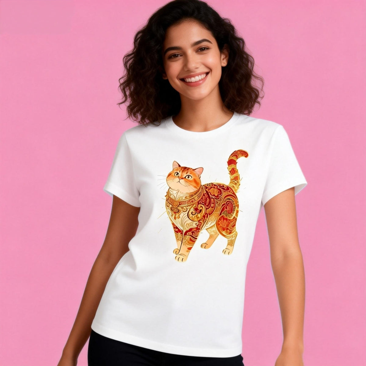 Female model in Sunny Brand vintage art cat t-shirt, stylish artistic casual outfit