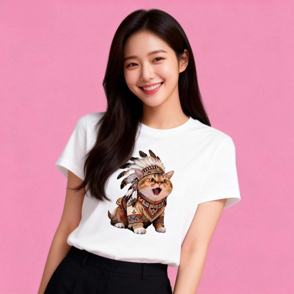 Female model in Sunny Brand artistic cat t-shirt, eye-catching tribal cat design for street style