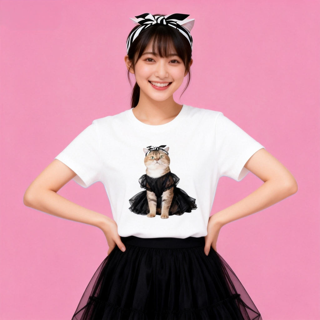 Female model in Sunny Brand ballerina cat tee, elegant cat design