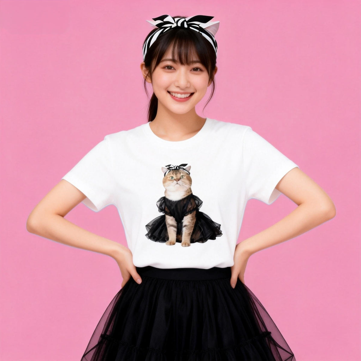 Female model in Sunny Brand ballerina cat tee, elegant cat design